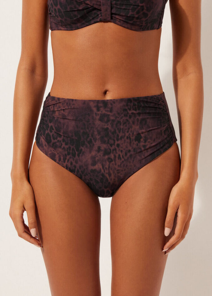 High-Waist-Bikinihose mit dunklem Animal-Print