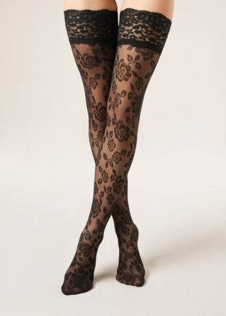Transparente Overknee-Strümpfe mit Blumenmuster