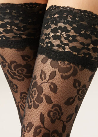 Transparente Overknee-Strümpfe mit Blumenmuster